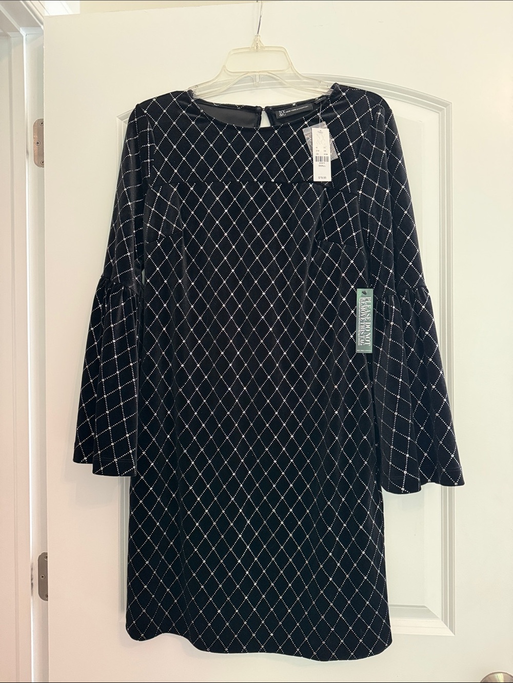 New York & Company Black Velvet Diamond-Print Bell-Sleeve Dress